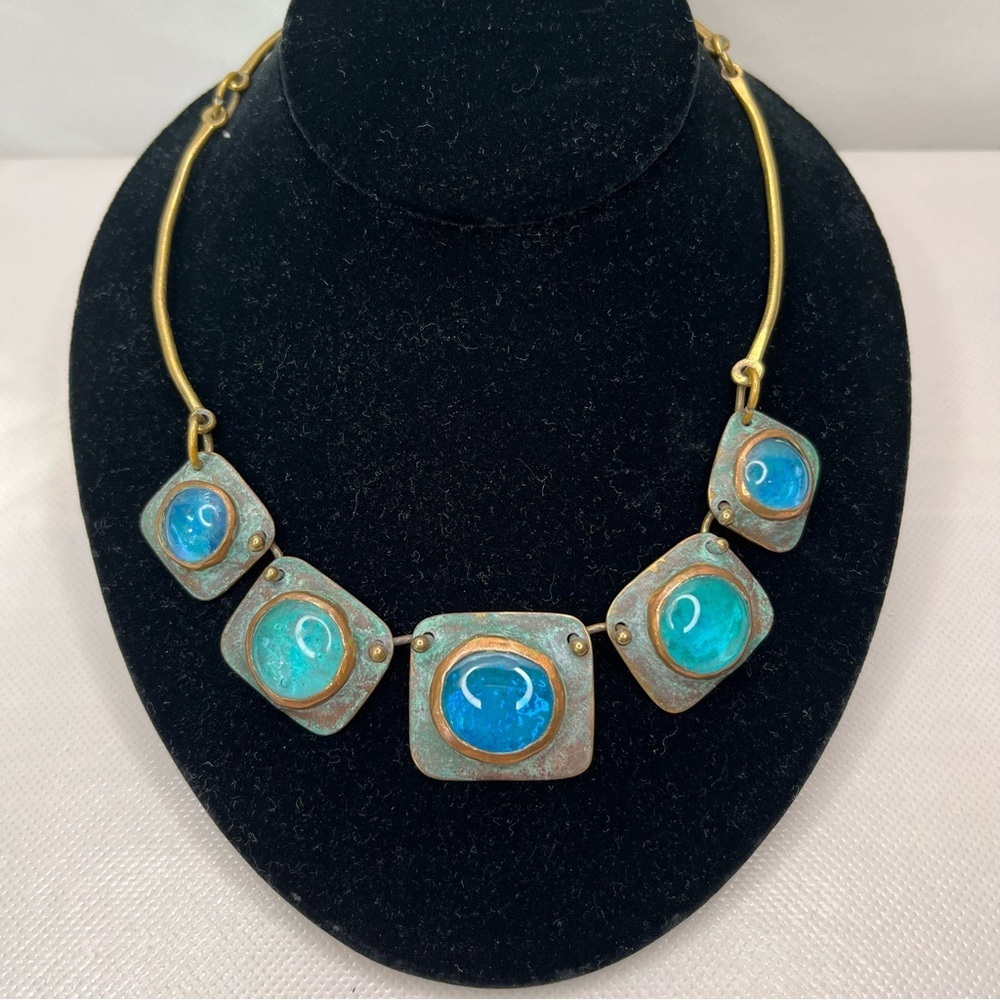 Brutalist Copper Necklace Blue Glass Modernist Artist Signed